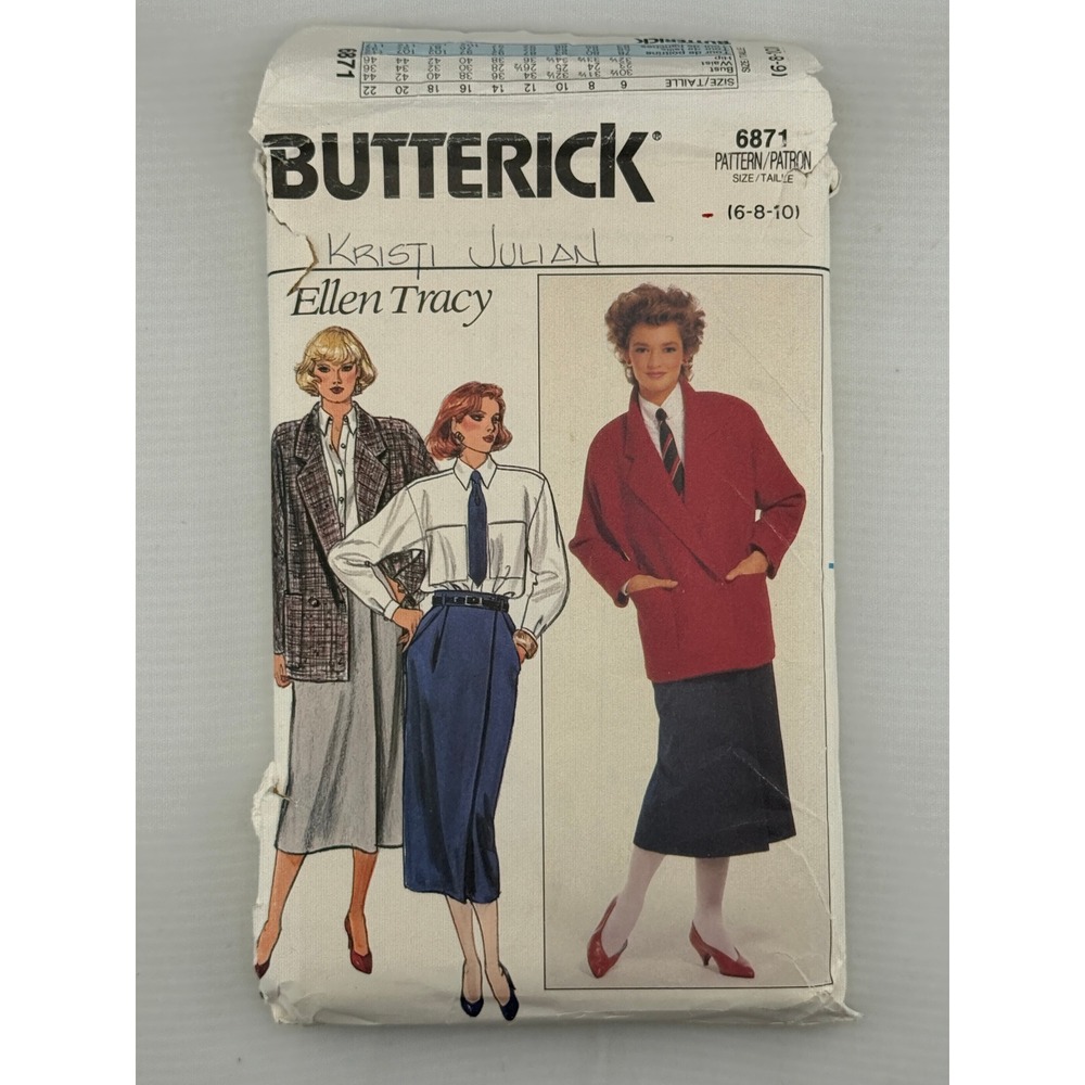 Butterick 6871 Sewing Pattern Ellen Tracy Women Size 6-8-10 Career Suit Good